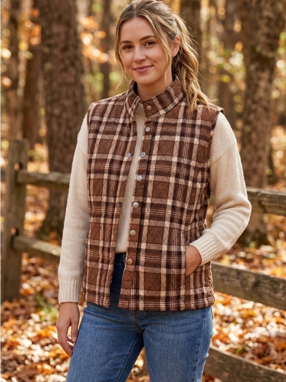 Baxter & Wells Quilted Plaid Vest XL Brown Earthy Cabin Gorpcore Snap Front